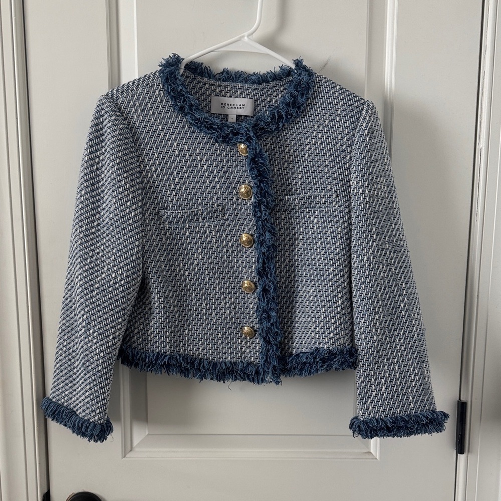 10 Crosby Derek Lam Light Blue & Navy Fringe Tweed Jacket